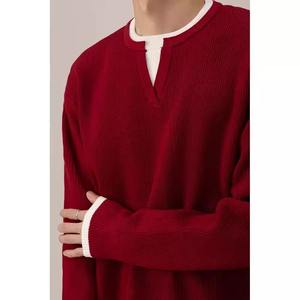 Pull rouge à col en V pour homme, style printemps, avec motif zodiaque, design faux deux-pièces, tricoté, à manches évasées, double boutonnage, fin - Product Image 2