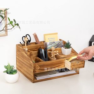 Wooden Desktop <b>Storage</b> Box With Drawers Office Stationery Organizer Rectangle Solid Color <b>File</b> And Miscellaneous Item Holder - Product Image 2