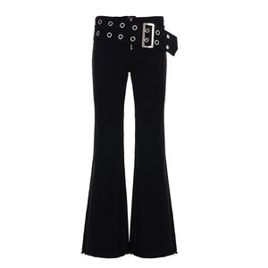 Pantalones de Mezclilla de Tiro Bajo con Corte Acampanado, Transpirables, Estilo Urbano, con Cinturón, en Denim Lavado Sólido - Product Image 6