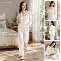 Ensemble pyjama deux pièces aspect satiné pour femme, imprimé ours, col boutonné, vêtements de détente, personnalisation OEM, vente en gros