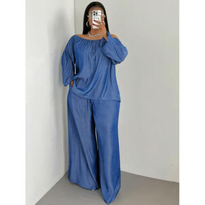 Completo Donna <span class=keywords><strong>Oversize</strong></span> Semplice con Logo Personalizzato, Top a Maniche Lunghe con Spalle Scoperte, Pantaloni Tinta Unita, Vendita Diretta dalla Fabbrica - Product Image 2