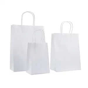Venda no atacado saco de presente branco saco de papel de compras personalizado com logotipo torcida alça de papel branco saco de papel