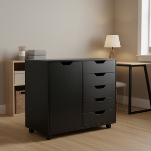 Armoire de rangement à 5 tiroirs Halifax, noire, moderne, pour chambre à coucher, en bois, avec roulettes, pour un rangement bien organisé - Product Image 2