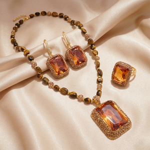 JOYE - Juego de Joyas de Cristal Ámbar Vintage al por Mayor, Juego de Collar, Pendientes y Anillo de 3 Piezas para Mujer, Accesorios Retro - Product Image 4