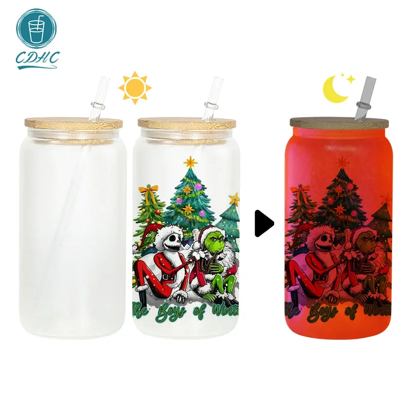 Toptan cadılar bayramı noel hediyesi 16oz buzlu glow koyu kırmızı boş süblimasyon Tumbler cam su şişesi bambu kapaklı