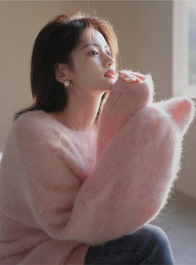 Lait doux rose <span class=keywords><strong>pull</strong></span> <span class=keywords><strong>de</strong></span> noël femmes automne et hiver Style ample et languissant Style Hong Kong Vintage <span class=keywords><strong>Chic</strong></span> tricot épais - Product Image 5