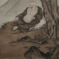 Peinture murale Zen Bouddha Rieur 100 % peinte à la main, Art mural traditionnel chinois sur soie, Peinture sur rouleau suspendu, Tailles personnalisables pour la maison