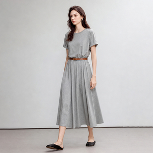 Summer Elegant Round Neck Short Sleeve A Line Dress For Petite Women - Product Image 1