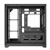 Productie van een pc-gaming anime computerkast met vooraan geplaatste glazen RGB-strip, temperatuurweergave en stofdichte buitenbehuizing.