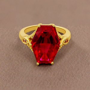 Bague de luxe pour femme en argent sterling 925 plaqué or, sertie de rubis de laboratoire et de diamants rouges, style géométrique - Product Image 1
