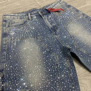 XJYD <span class=keywords><strong>Shorts</strong></span> in Denim Personalizzati da <span class=keywords><strong>Uomo</strong></span> Stile High Street con Effetto Consumato, Lavaggio Acido con Cristalli e Strass, <span class=keywords><strong>Jeans</strong></span> Corti Larghi - Product Image 4