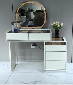Modern White Wooden <b>Makeup</b> <b>Vanity</b> Dressing Table with Lighted Round <b>Mirror</b> Drawers Storage for Bedroom Hotel Apartment - Product Image 2