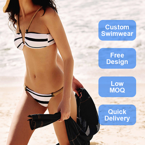 Ensemble bikini deux pièces rayé avec bordure contrastée et ceinture élastique pour femme - Product Image 6