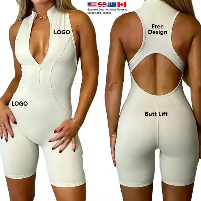 Custom Een Stuk Ademende Yoga Wear Aan De Voorkant Rits Biker Korte Yoga Jumpsuit Vrouwen Plus Size Gym Jumpsuits Rompertjes