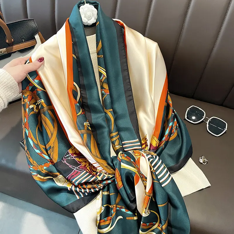 Bufanda larga de seda de imitación para mujer, bufanda de diseñador, envolturas ligeras, pañuelo para la cabeza, bufandas de seda de marca estampadas