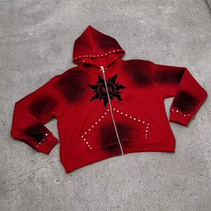 OEM Custom Sunfaded Zipper French Terry Streetwear Functional Acid Wash Men Zip up <b>Rivet</b> Heavyweight Rhinestone Hoodie - Product Image 1