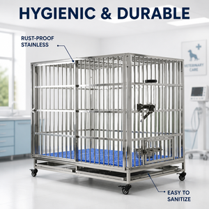 Jaula para Perros de Acero Inoxidable EUR VET Easy Clean con Piso de Listones, Bandeja de Desechos Extraíble y Ruedas con Bloqueo para Uso en Clínicas - Product Image 1