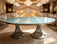 Table de banquet circulaire de luxe en or avec pendentif en cristal, table ronde pour événements de mariage, table de salle à manger d'hôtel
