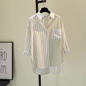 Baumwolle Leinen Single Pocket Color blocking Gestreiftes Hemd Damen Loose <span class=keywords><strong>Casual</strong></span> Top Bluse Mode - Product Image 4