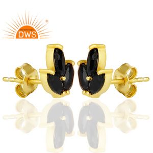 Black Onyx Gemstone Earrings Leaf Style 14k Gold Plated 925 Silver Tiny Stud Earrings Supplier Jewelry - Product Image 2