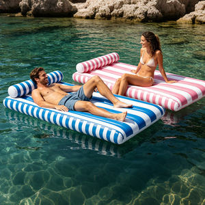 Matelas flottant gonflable rayé bleu, rose et blanc avec appui-tête amovible, pour une personne, en PVC - Product Image 1