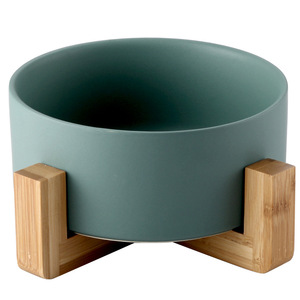 Bol en céramique <span class=keywords><strong>de</strong></span> couleur unie pour animaux <span class=keywords><strong>de</strong></span> compagnie, prêt à être expédié, avec logo personnalisé imprimé, pour nourriture et eau pour chat et chien, avec support en bambou - Product Image 3