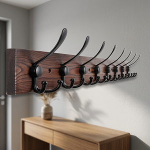 Wooden Wall Mounted Coat Rack with <b>8</b> Cast <b>Iron</b> Hooks Modern Style for Bathroom or Walls Clothing Organizer - Product Image 2