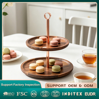 Plateau de service à 2 niveaux en bois d'acacia pour cupcakes et desserts avec poignée or rose - Présentoir alimentaire pour mariages, fêtes et maison
