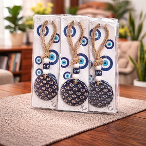 Décoration murale ronde en céramique bleue avec corde en jute et perles, décoration murale traditionnelle pour la maison, le salon, la chambre à coucher - Product Image 3
