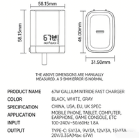 Chargeur USB C GaN 67W, bloc de charge rapide PD pliable, prise murale multi-protocoles Type-C pour ordinateur portable et téléphone OEM/ODM
