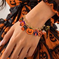 Bracelet à breloques citrouille en alliage doré, thème Halloween (Maison hantée, Château, Chat noir, Jack-o'-lantern), chaîne à maillons, bijoux fantaisie pour femme