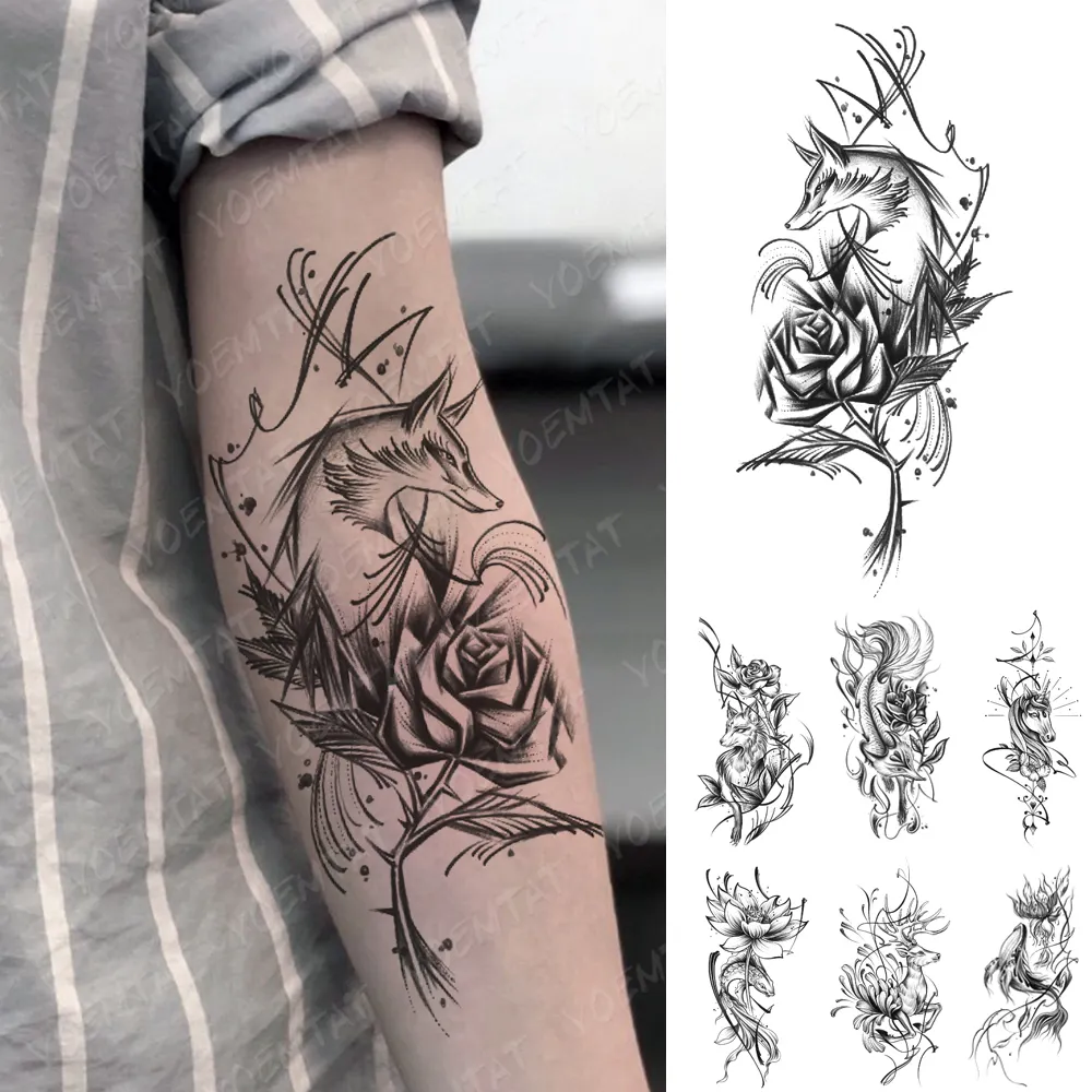 2023 black peony sexy fox temporary tattoos girl realistic rose fish tattoo stickers