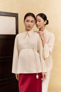 Ensemble 2 pièces respirant en tissu tissé, coupe classique, col chemise, longueur intégrale, décontracté, mélange de soie, élégant, uni, pour femme - Product Image 5