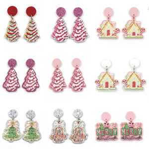 Pendientes personalizados de Casa árbol de Navidad, joyería de corte láser acrílico rosa para mujer - Product Image 6