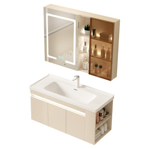 Mueble de baño italiano de titanio con lavabo de cerámica integrado, almacenamiento lateral y espejo con luz. - Product Image 3