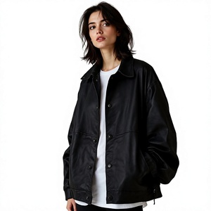 Chaqueta de cuero genuino negra para mujer, con cremallera, cuello vuelto, manga larga, abrigos de otoño, chaqueta de otoño de un solo botón - Product Image 2