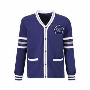 เสื้อคาร์ดิแกนขนแกะสีกรมท่าแบบกำหนดเอง J&S สำหรับผู้หญิง ผ้าฝ้าย 100% สีน้ำเงิน คอวี ปักโลโก้มหาวิทยาลัย สำหรับชมรมนักศึกษา - Product Image 1