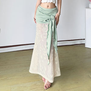 Falda Larga de Malla con Lazo Delantero y Cintura Baja Estilo Vacacional para Mujer, con Estampado Floral y Parches Transparentes, Ajuste Delgado y Elegante - Product Image 6