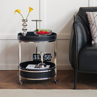 Table d'appoint mobile moderne en cuir pleine fleur de style italien minimaliste, avec cadre en acier inoxydable, chariot de rangement verrouillable pour salon