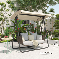 Banc suspendu autoportant en osier avec balançoire dôme, 2 places avec coussins gris, structure métallique robuste pour extérieur, patio et jardin