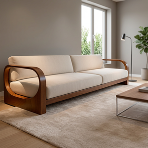 Elegante Sofá Minimalista de Dos Plazas con Apoyabrazos Circulares Escultóricos de Madera de Teca y Tela Crema Premium para Sala de Estar - Product Image 3