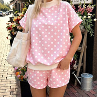 Ensemble de vêtements de détente pour femmes en rose et blanc à pois, 2 pièces, haut à col rond côtelé contrastant à manches courtes, short, tenue décontractée, broderie personnalisée