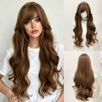 Peluca sintética de fibra de alta temperatura de 30 pulgadas, color marrón ceniza, con ondas profundas, flequillo de aire, línea de cabello natural, sin pegamento, con gorro de malla de rosas, resistente al calor.