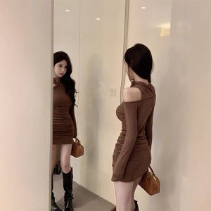 Women Pencil Skirt Coffee Solid Color Tight Fit Autumn Winter Wear - Product Image 4
