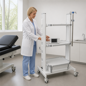 <span class=keywords><strong>Torre</strong></span> móvil diseñada para ahorrar espacio en quirófanos <span class=keywords><strong>de</strong></span> endoscopia, con ocho tomas <span class=keywords><strong>de</strong></span> red y tres bandejas ajustables sobre ruedas. - Product Image 1