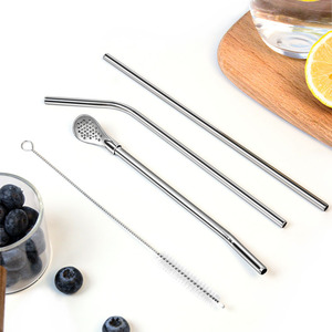 Stainless Steel <b>Straw</b> Spoon Set Straight And Curved With Cleaning Brush <b>Reusable</b> For Milk Tea Coffee Stirring - Product Image 1