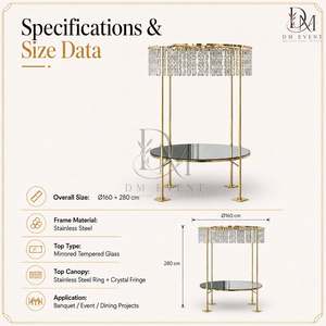 Table de réception de mariage ronde en acier inoxydable doré avec canopy en cristal et plateau en verre trempé miroir – Vente en gros - Product Image 4
