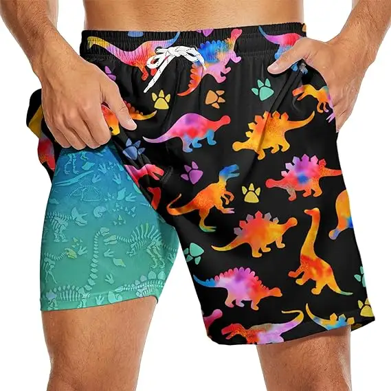 Mens Swim Shorts Trunks with Compression Liner 5 Inseam Quick Dry Swimwear Bathing Suit Swimming Board Shorts OEM Service Adults