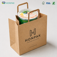 Sac de livraison alimentaire en papier kraft personnalisé, sac à emporter de qualité alimentaire avec poignée plate, emballage écologique recyclable pour saladier HONPAK