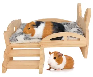 Novel design Wooden Guinea Pig Bed with Stairs and Mat Cozy Small Animals Cushion Bed Detachable Small Pet Hut Habitats